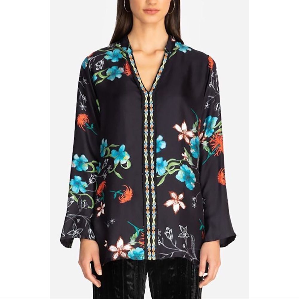 JOHNNY WAS-BECCA 100% Silk Floral Pattern Tunic Top (Small)